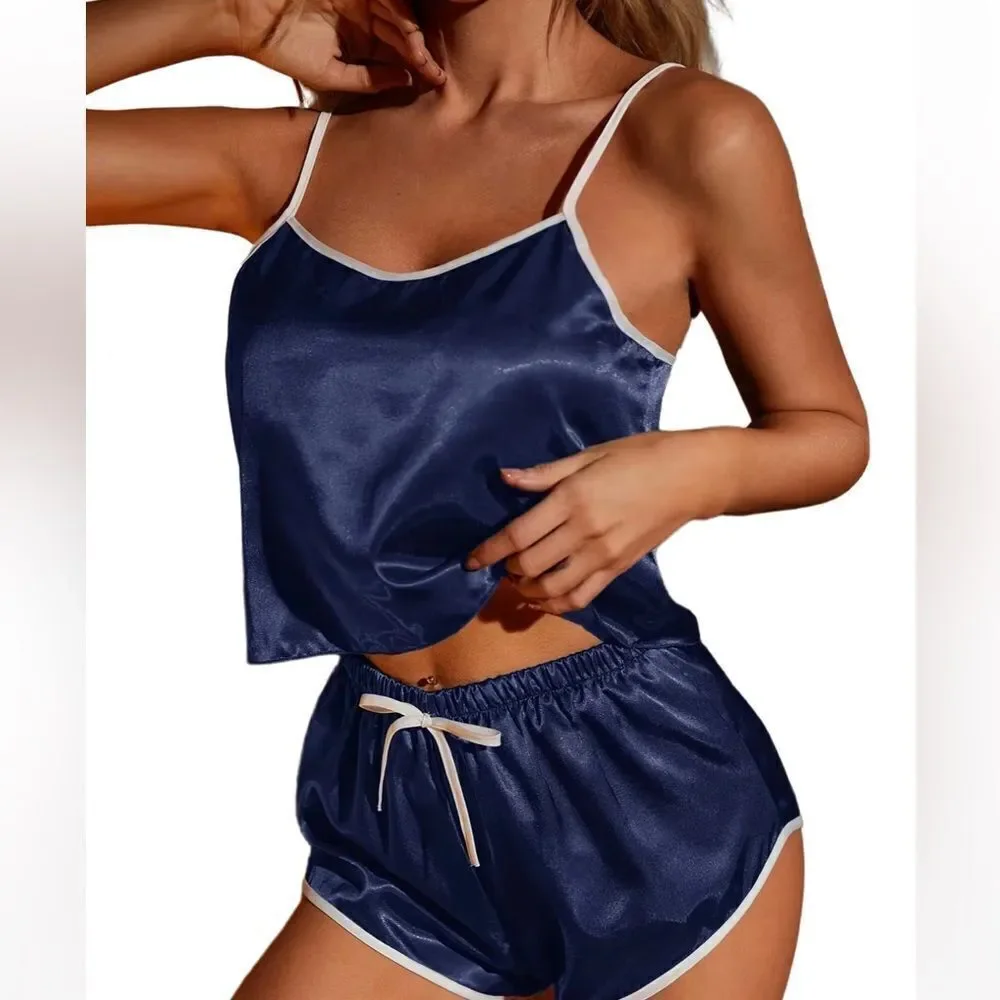 Sexy Navy Blue Satin Cami & Tap Shorts Pajamas / Lingerie with White Piping. Med - Picture 1 of 5